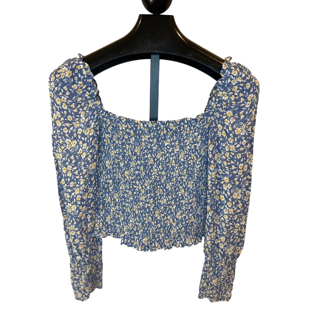 Reformation Pinto Smocked Square Neck Floral Print Crop Top Long Sleeve M
